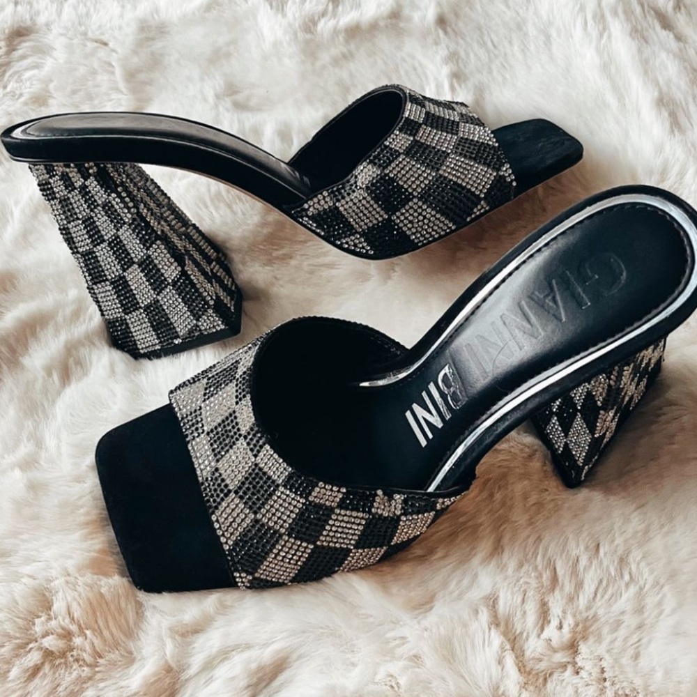 Gianni Bini CaylorThree Checkered Rhinestone Square Toe Dress Sandals - Picture 2 of 5